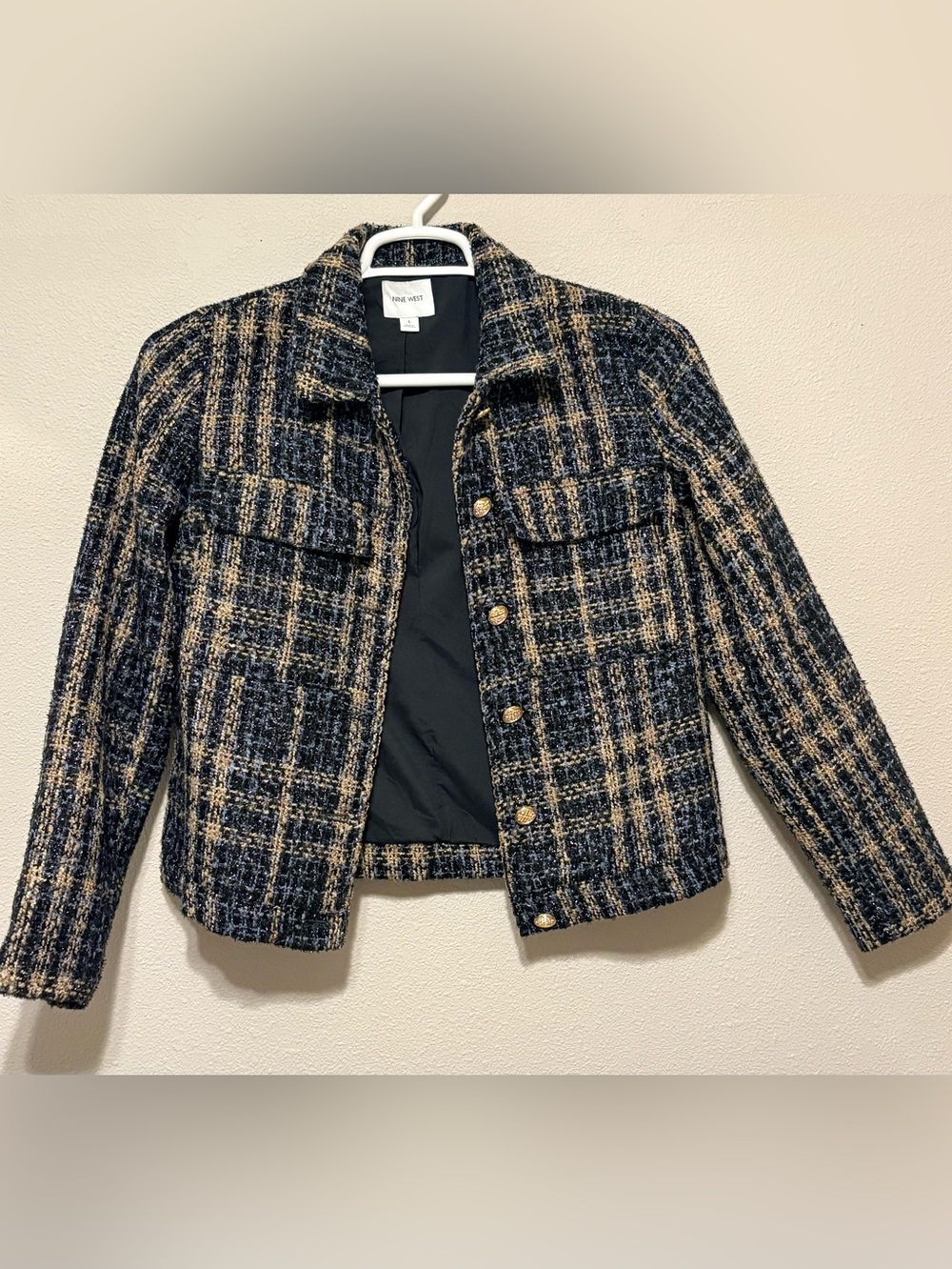 Nine West Cropped Tweed Button-Front Jacket - Navy & Camel